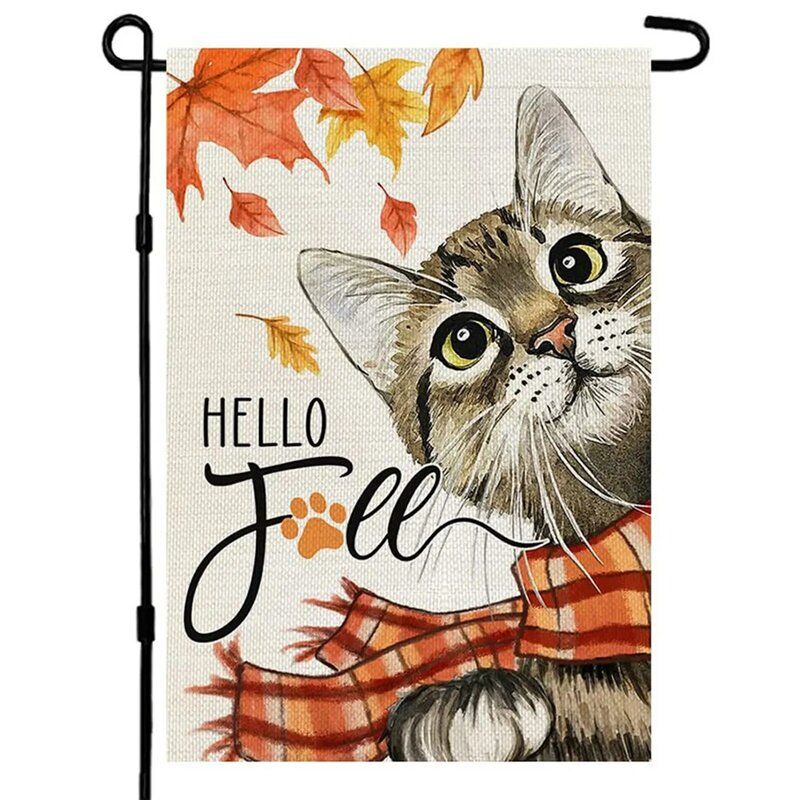 Bandera de jardín de gato de Acción de Gracias y otoño, retrato de gato de Hojas de arce de Hello, colorido, para patio y jardín