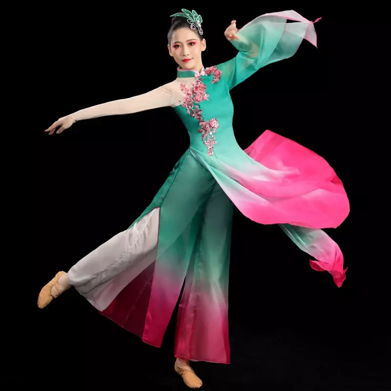 Traje de dança clássica flutuante para mulheres, roupas de prática de dança chinesa, dança fã, Jiaozhou, Yangge