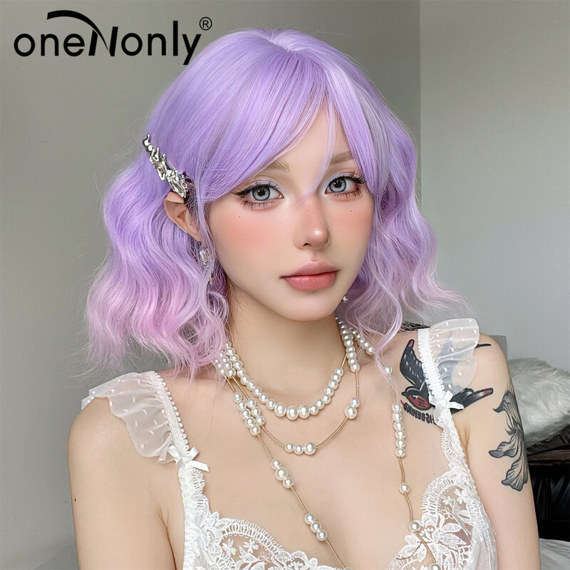 oneNonly Purple Wig Lolita Pink Wavey Wig Women's Short Wigs Party Cosplay Wig Makeup Tools High Quality Synthetic Hair