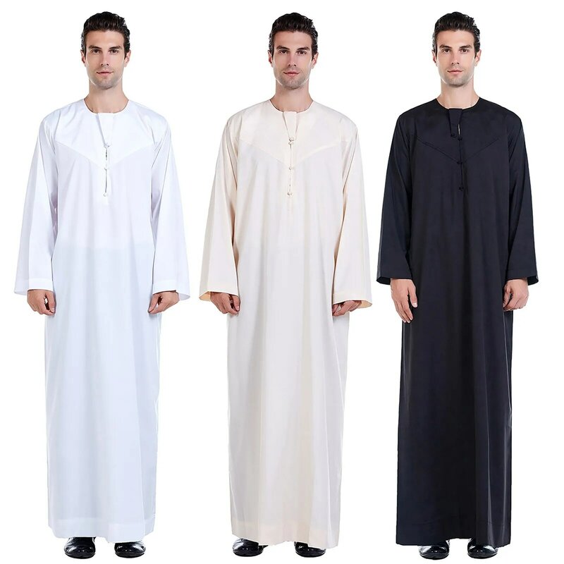Мусульманский мужской Jubba Thobe с длинным рукавом, однотонный цвет, модель 2023 года, воротник-стойка, исламский арабский кафтан, мужская одежда