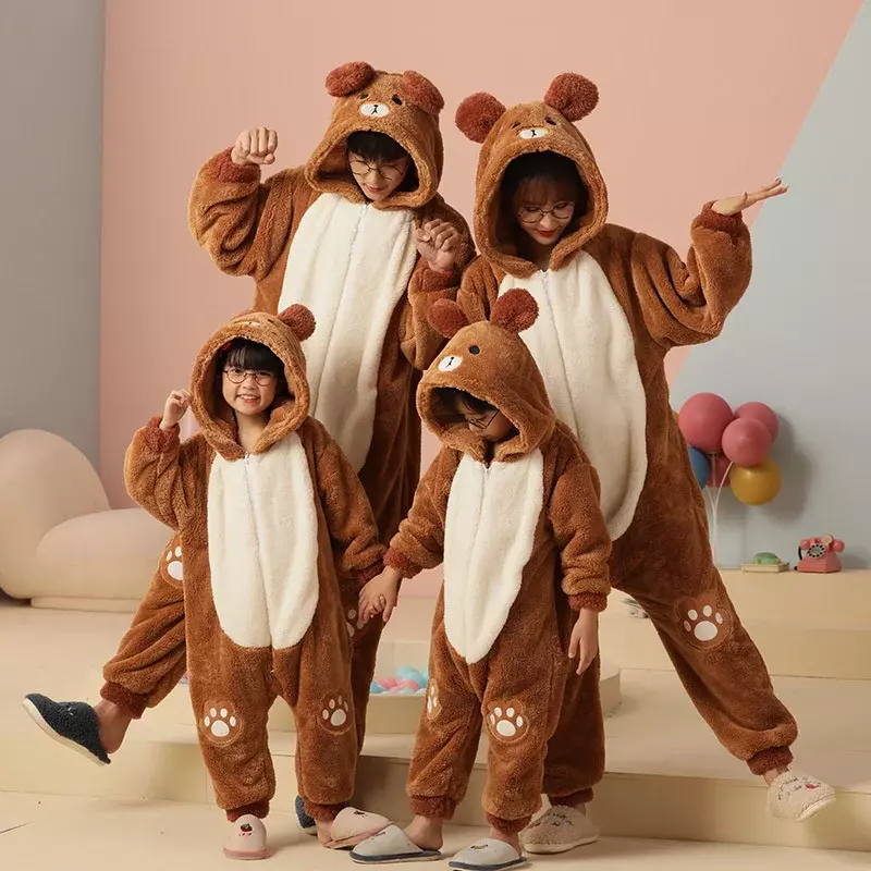 Семейный наряд для родителей и детей, пижама, комбинезон, одежда для сна, зимняя утепленная Пижама, толстовки, комбинезоны с мультяшным медведем, кавайная мягкая теплая Пижама