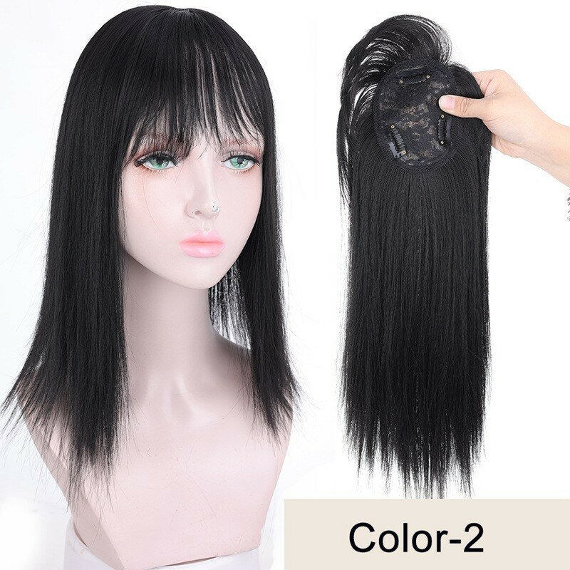 Penutup sintetis untuk Wig rambut palsu atas Asia dengan poni Wig wanita potongan sutra suhu tinggi 35cm ekstensi rambut