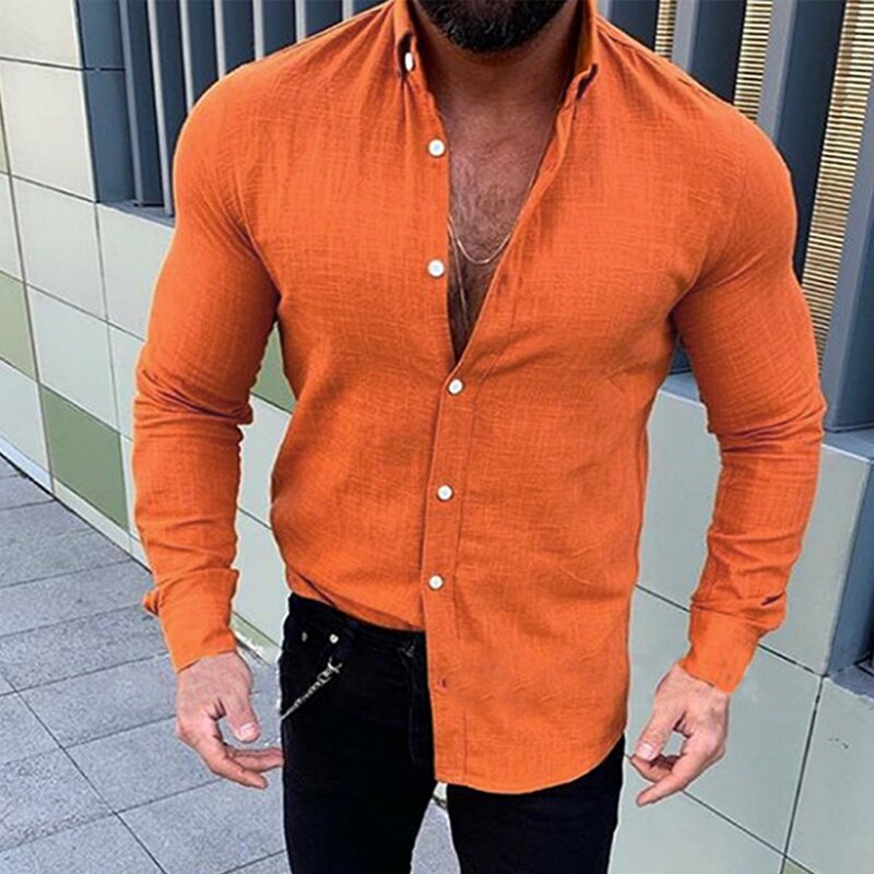 Spring Summer Shirt Single Breasted Long Sleeve Turn-Down Collar Slim Solid Shirt Casual Men's Shirts рубашка