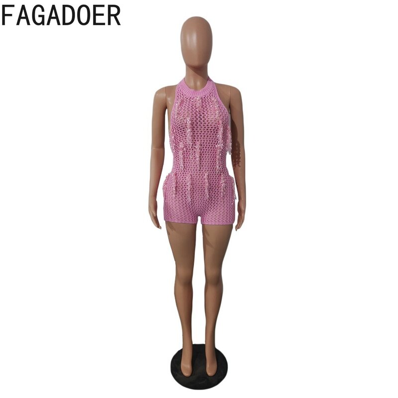 FAGADOER Sexy Tassel Knitting Hollow Out Bodycon Rompers Women Halter Backless Lace Up Slim Jumpsuits Fashion Nightclub Overalls