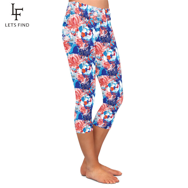 Nova cintura alta mulheres capri leggings 3d flores impressão digital calças elásticas meados de bezerro 3/4 fitness legging para o verão