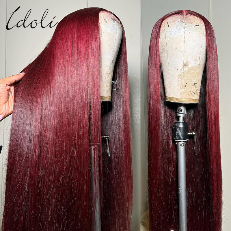 Peluca de cabello humano liso para mujer, Frontal de encaje postizo, color rojo borgoña 99J, 13x6, 30, 32