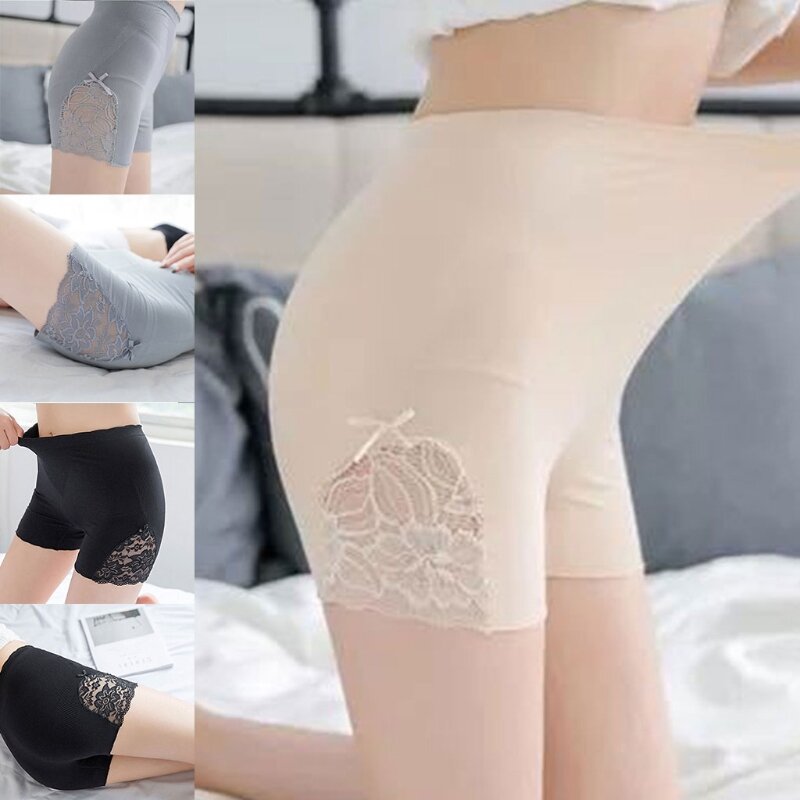 Women Seamless High Waist Safety Shorts Floral Lace Bow Butt Lift Underpants