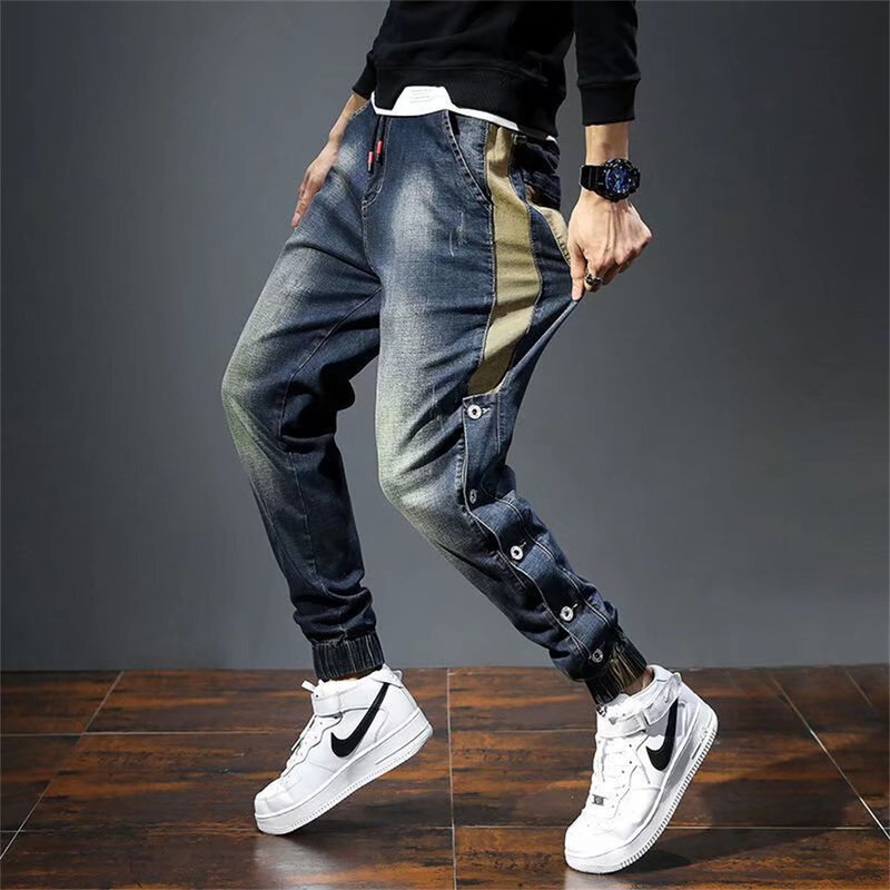 Męskie jeansy Harem spodnie modne etui Desinger luźny krój Baggy dżinsy Moto mężczyźni Stretch Retro Streetwear zrelaksowany zwężane dżinsy