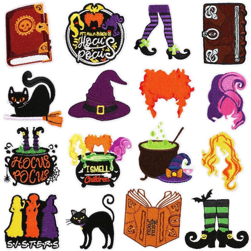 Parche bordado de bruja de Halloween DIY, libro mágico, Gato terrorífico, sombrero mágico, pegatina para ropa, bolso, pantalones, tela de insignia de Jean, nuevo