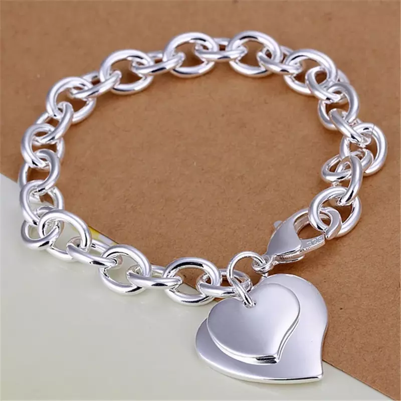 Bracelets à pendentif double cœur couleur argent, bijoux de haute qualité, à la mode, cadeaux de noël, H279