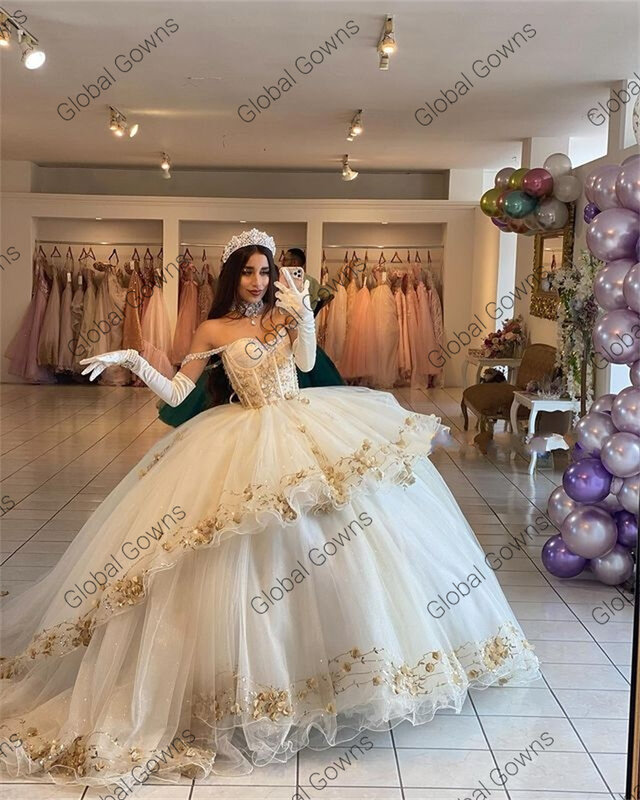 Prinzessin Weg Von Der Schulter Ballkleid Quinceanera Kleider Perlen Promi Party Kleider 3D Blumen Tiered Graduation Vestido De 15