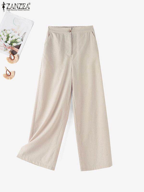 Women Pants 2024 ZANZEA Summer Wide Leg Trousers Elastic Waist Solid Cotton Palazzo Vintage Long Pantalon Elegant OL Work Pant