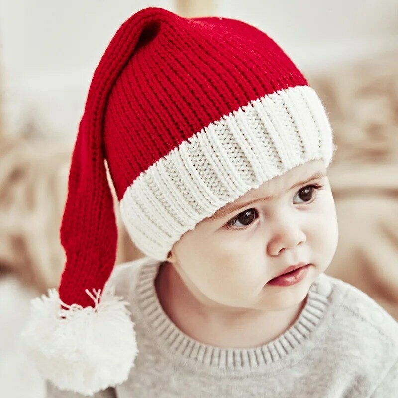 Topi rajut Natal Santa Claus, dekorasi pesta Panel putih merah Beanie lembut topi rajut Natal Pompom lucu ibu dan bayi