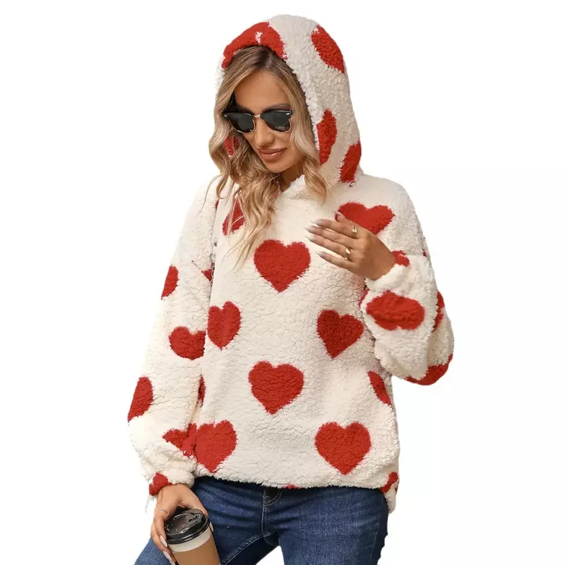여성용 러브 프린트 플러시 코트, 풀오버 후디 재킷, 루즈하고 푹신한 오버코트, 따뜻한 코트, 2023 겨울 재킷, 패션
