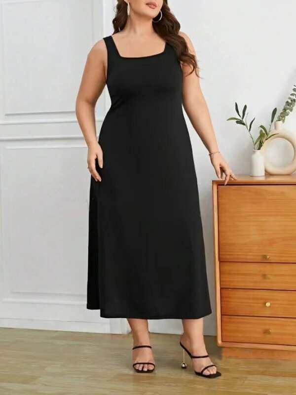 GIBSIE Plus Size Black Square Neck Tank Dress Women's Fashion Summer Sundress Female Casual Solid A-line Sleeveless Maxi Dresses