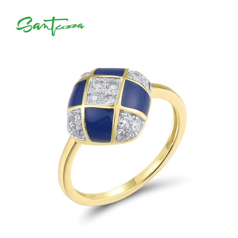 SANTUZZA Genuine 925 Sterling Silver Rings For Women Sparkling White CZ Blue Square Enamel Wedding Anniversary Gift Fine Jewelry