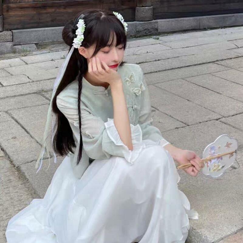 Nowy zestaw w chińskim stylu Hanfu w stylu chińskim damski letni ulepszony Top z motylem Hanfu spódnica z falbankami ulepszony zestaw Qipao