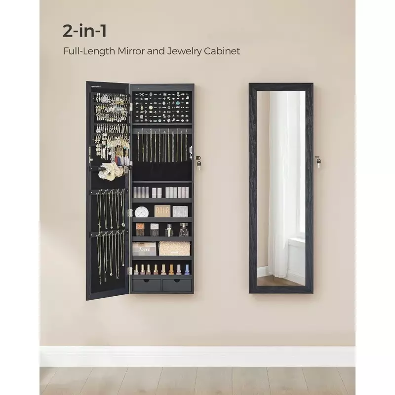 6 LEDs Mirror Jewelry Cabinet, 47.2-Inch Tall Lockable Wall or Door Mounted Jewelry Armoire Organizer with Mirror, 2 Drawers,