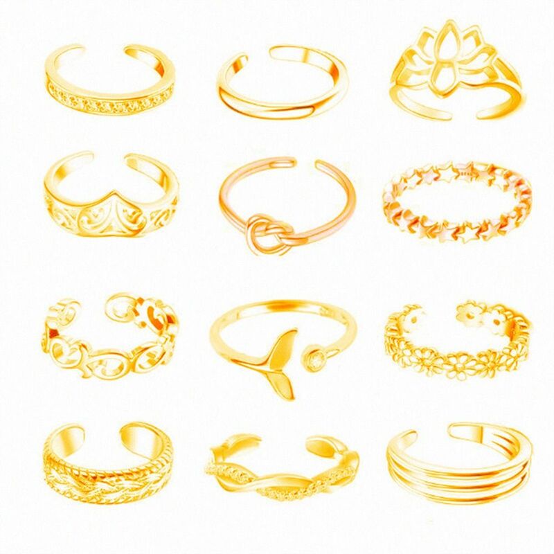12pcs/set Alloy Toe Ring Set Women Open Toe Ring Beach Foot Accessories Lotus Flower Star Foot Ring Fashion Jewelry
