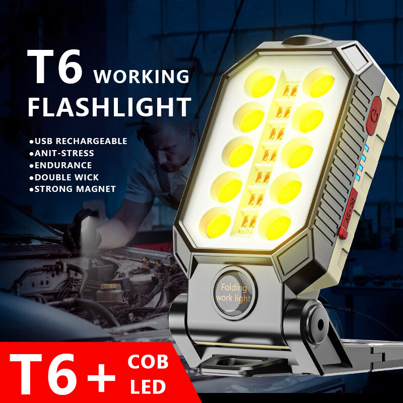 Luz de trabajo COB recargable, linterna LED portátil ajustable, impermeable, diseño magnético, pantalla de energía