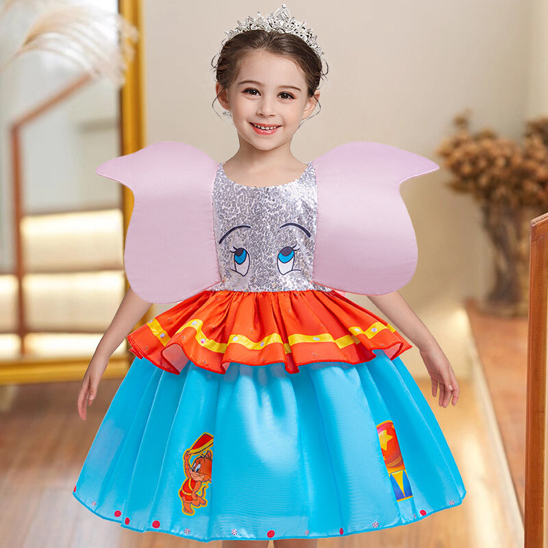 Baby Girl Dumbo Cosplay Dress Big Ear Fly Elephant Disguise Frocks Kids Kindergarten Stage Performance Outfits Carnival Sets