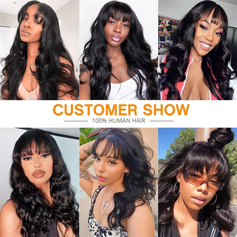 Body Wave Human Hair Wigs With Bangs Glueless Wig Pre Plucked Cheap Hair Wigs On Sale Clearance Full Machine Made Wig With Bang