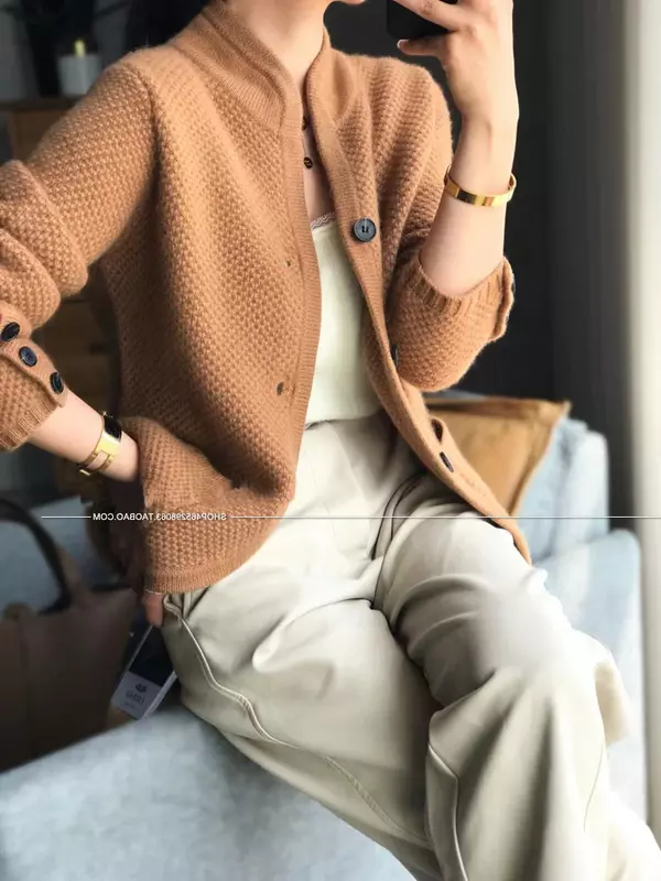 Autumn Winter New Thickened 100% Pure Cashmere Cardigan Women Stand Neck Sweater Sweater Loose Knit Base Sweater Jacket Sweaters