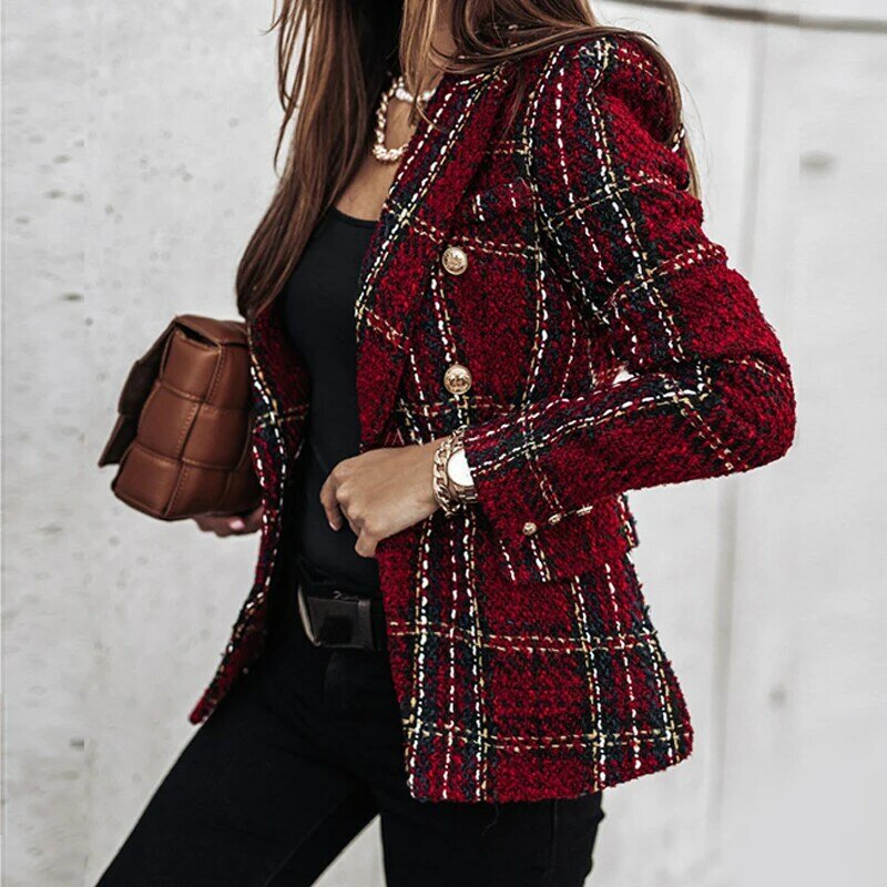 2022 New Spring-Autumn Jacket Blazer scozzese donna manica lunga doppiopetto top Slim Tweed Coat Office Lady Coat abbigliamento donna