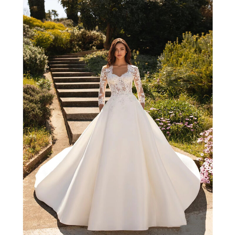 Celebrity Engagement Ball A-Line  Wedding Dresses Formal Lace Print Sleeves Bridal Gowns Popular Long Princess Vestidos De Novia