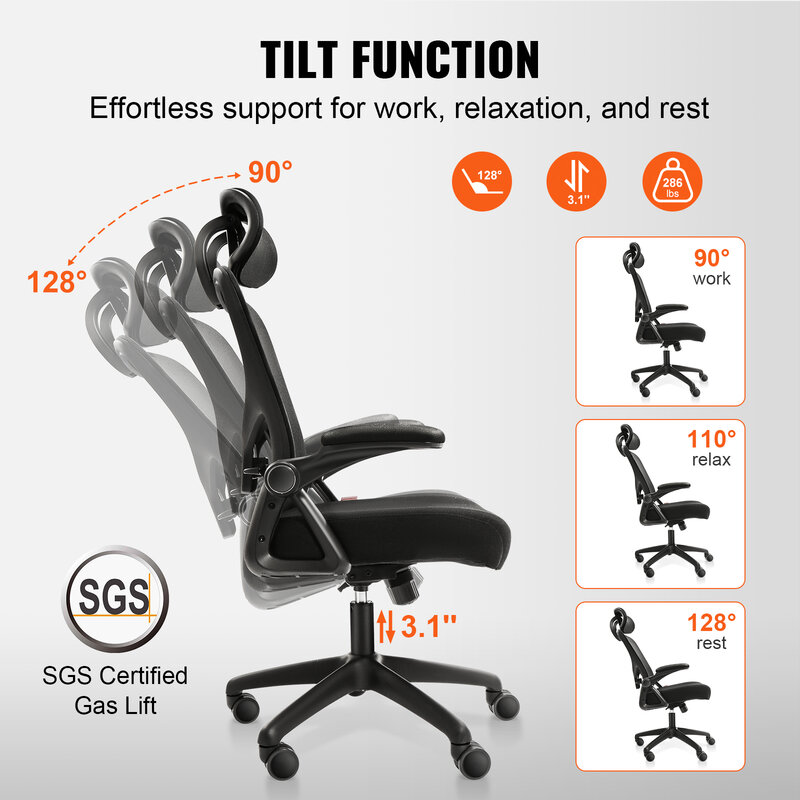 VEVOR kursi kantor ergonomis dengan tempat duduk geser, kursi jaring, sudut penopang dan tinggi pinggang dapat diatur
