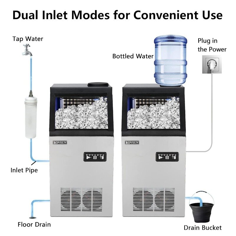 ROVSUN 110LBS/24H Commercial Ice Maker Machine with 2 Water Inlets, Freestanding Ice Machine with 24lbs Storage Bin