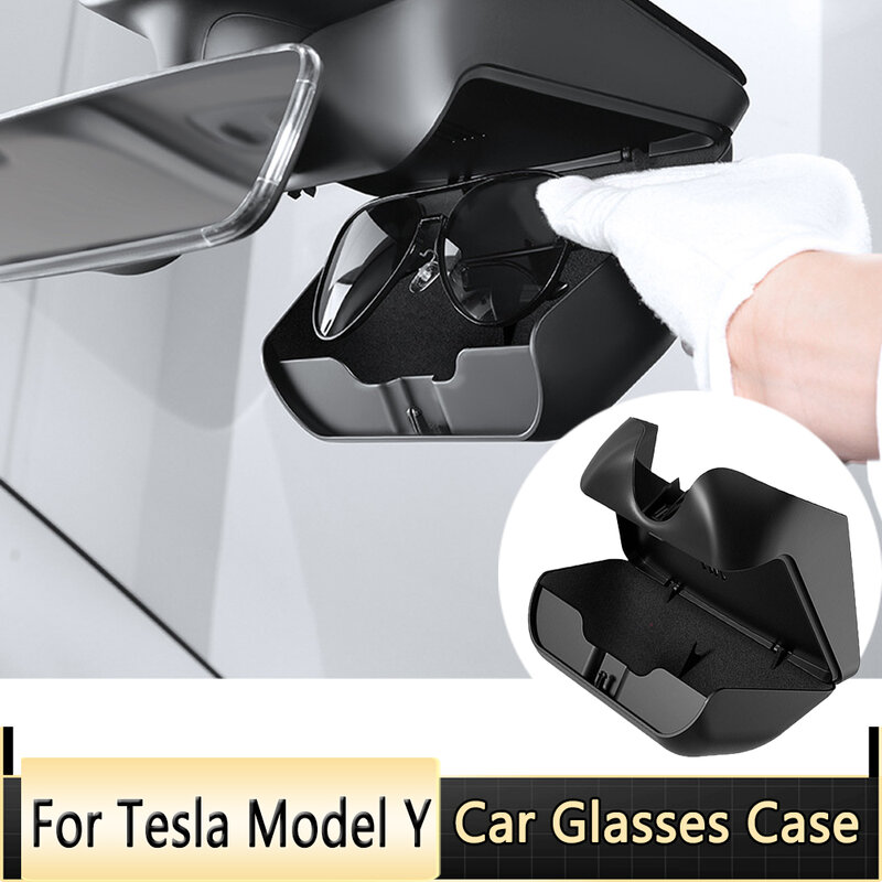 Kotak wadah kacamata hitam di mobil, aksesori wadah kacamata hitam motif Tesla 1 buah