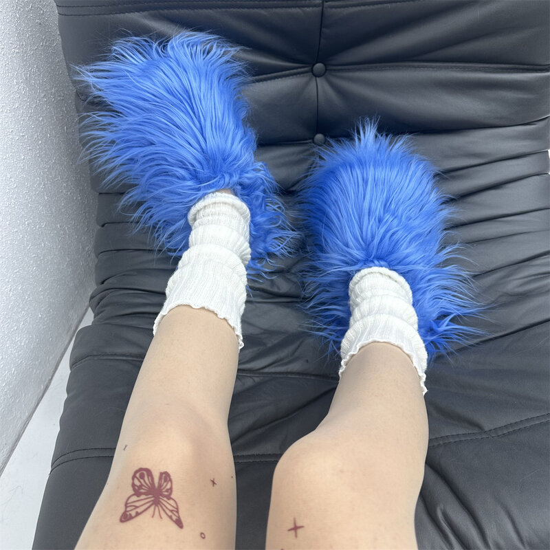 Women Fur Slippers Mongolian Fur Slides Winter Warm Fuzzy Flip Flops Soft Outdoor Platform Slippers Fashion Ladies Y2K Shoes
