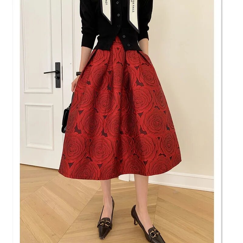 Юбка женская плиссированная средней длины, элегантная Жаккардовая юбка в винтажном стиле Хепберн с сафлором, с завышенной талией, весна-осень