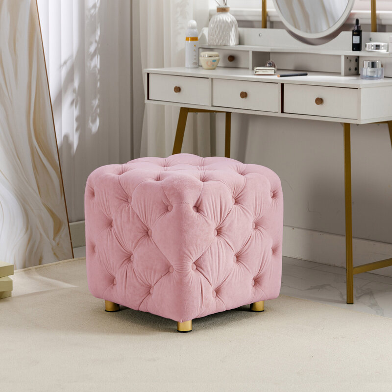 Soft Pink Modern Upholstered Velvet Ottoman and Exquisite Small End Table for Comfortable Living Room and Bedroom, Stylish Foot 