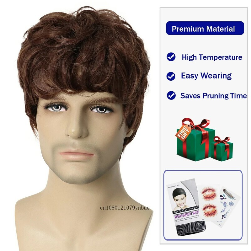 Wig Natural rambut palsu pendek potongan rambut sintetis Wig coklat keriting dengan poni untuk pria kostum pesta Cosplay tahan panas