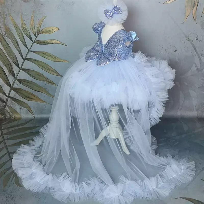 فستان فتاة مزين بالترتر مع قوس ، طول الركبة ، أميرة صغيرة ، زفاف ، حفلة عيد ميلاد ، بالتواصل الأول