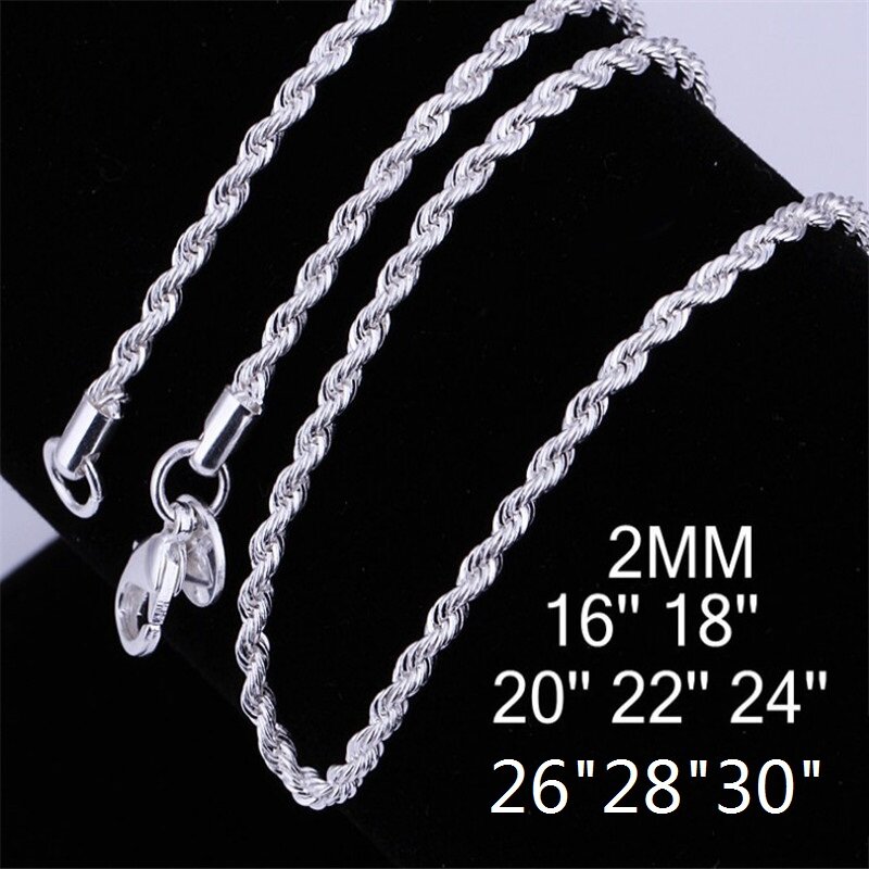 Charm 2MM 16-30INCHES 925 Sterling Silver Rope Chain Necklace for Woman Fashion Party Wedding Accessories Jewelry Gifts