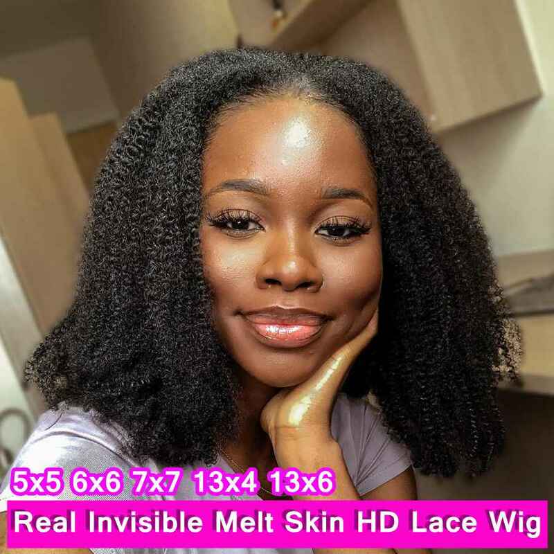 Afro Kinky Curly Wig para Mulheres, HD Lace Encerramento, Invisible Melt Skins, Remy Cabelo Humano, Lace Frontal, HD, 250%, 4B, 4C, 13X6