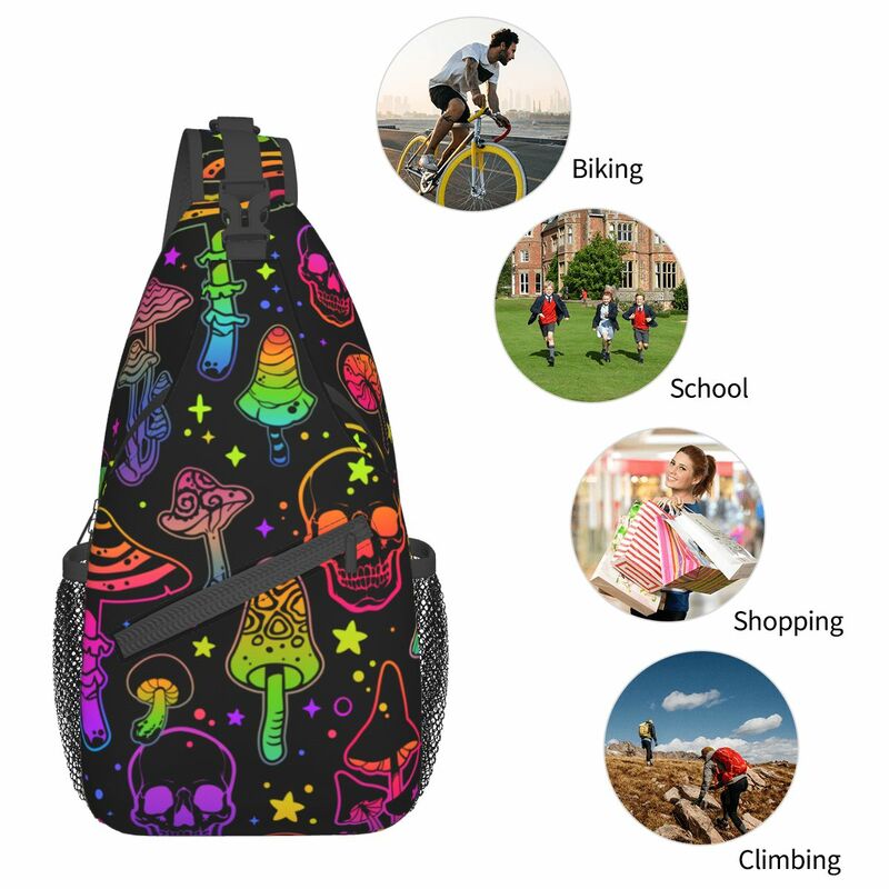 Cogumelos Psicodélicos Crossbody Sling Bag Pequeno Peito Bag Crânios Ombro Mochila Daypack para Caminhadas Viagem Ciclismo Bookbag