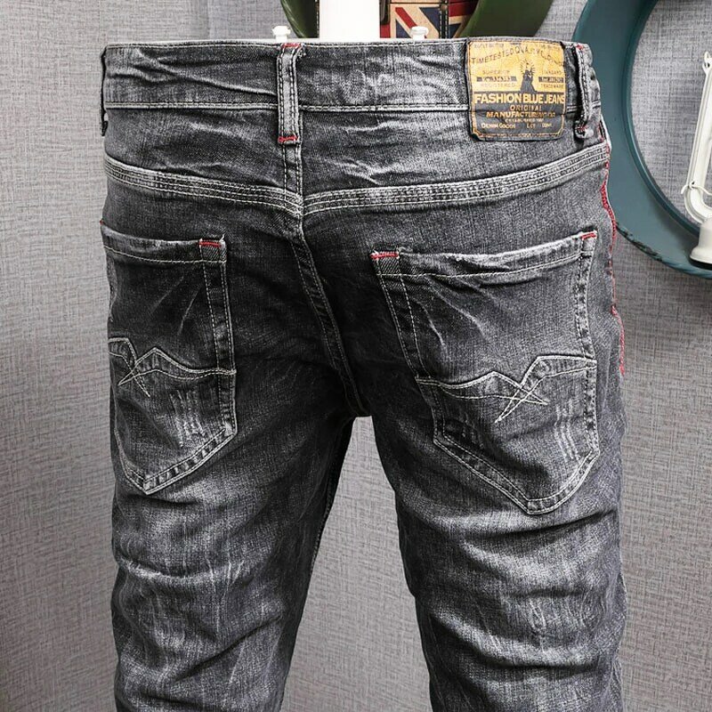 Streetwear Jeans Pria Fashion Retro Hitam Abu-abu Elastis Jeans Ramping Pria Desainer Antik Celana Denim Melar Kasual Hombre