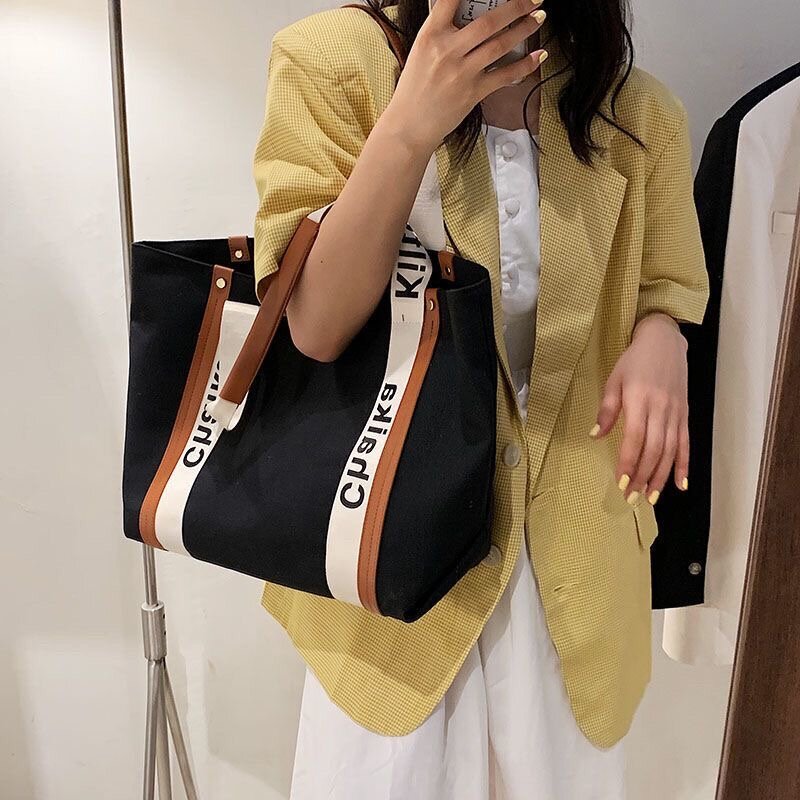 Bolsa de lona portátil de grande capacidade para estudantes universitários, sacola de um ombro, bolsa de compras feminina, nova moda