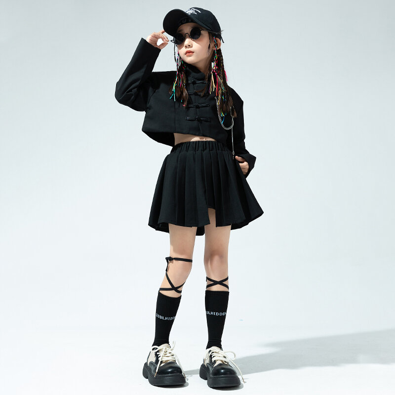 Kids Teenage Punk Hip Hop Clothing Black Shirt Crop Tops Casual Cargo Pants Mini Skirt For Girl Jazz Dance Costume Show Clothes