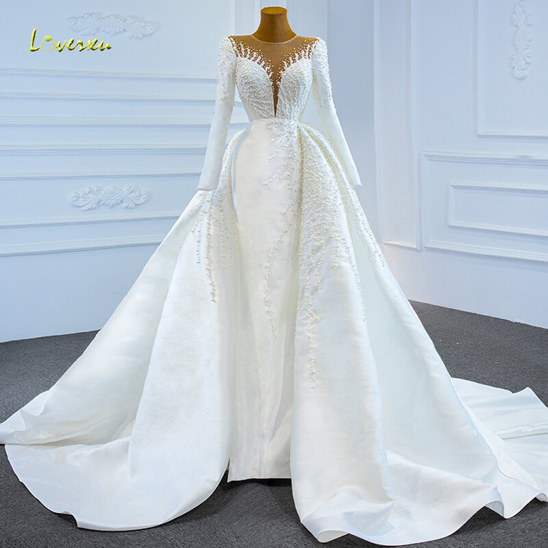 Loverxu-Robes de mariée sirène en satin, col rond, manches longues, perles, poignées amovibles, train 2 en 1, 2024