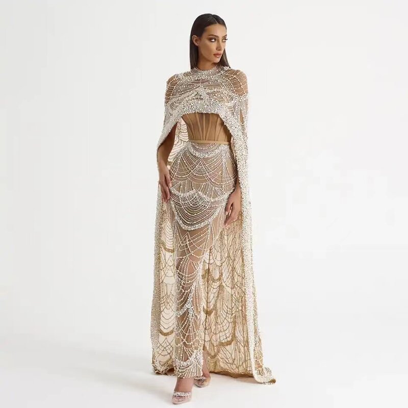 Luxury Pearls Dubai Champagne Evening Dresses with Cape 2023 New Arabic Women Mermaid Wedding Party Prom Dress
