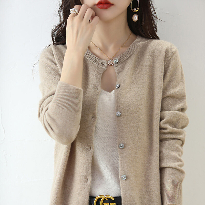 Cárdigan de lana para mujer, abrigo de cuello redondo de punto, Color sólido, holgado, manga larga, versión coreana, 22, primavera y otoño