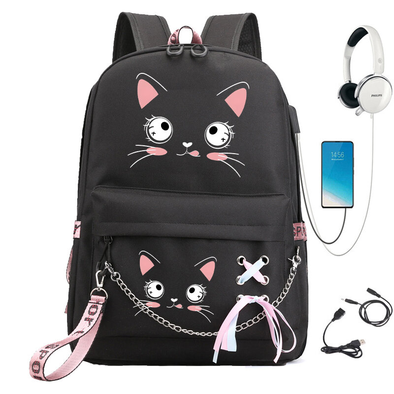 Kawaii Women Laptop Backpack Boys Girls School Books Bags for Teenage Girls Cat Face Kawaii College Student Book Bag Rucksack
