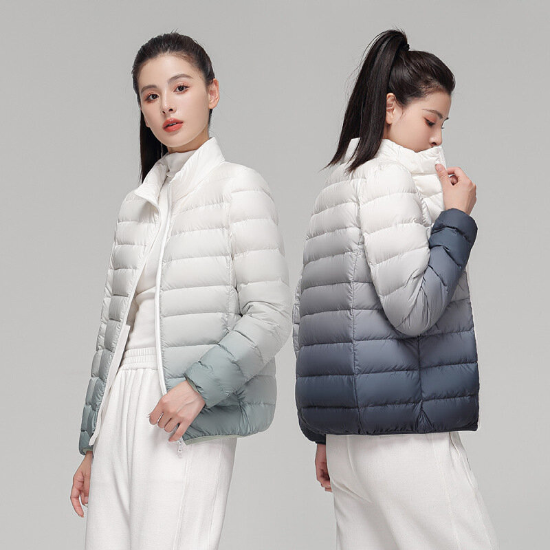Autunno delizioso colore sfumato giacca donna colletto alla coreana inverno piumino d'anatra cappotti Slim ultraleggero caldo Outwear