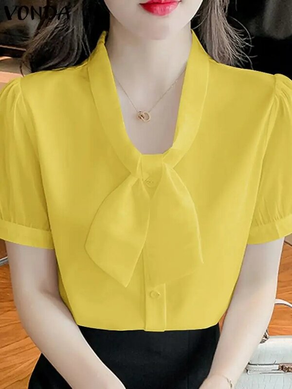 Рубашка VONDA женская с V-образным вырезом, модная туника с коротким рукавом, повседневная однотонная Свободная блузка, лето 2024