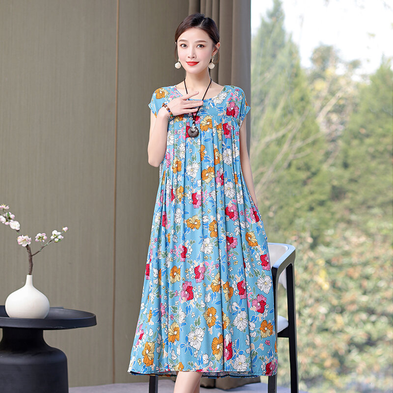 New Hot Fashion Arrival Casual 2024 Summer Dress For Women Print Loose O-Neck Cotton Women Clothing Dresses Plus Size